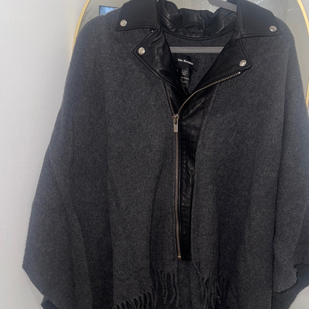 The Kooples Charcoal Wool Cape Black Leather Details